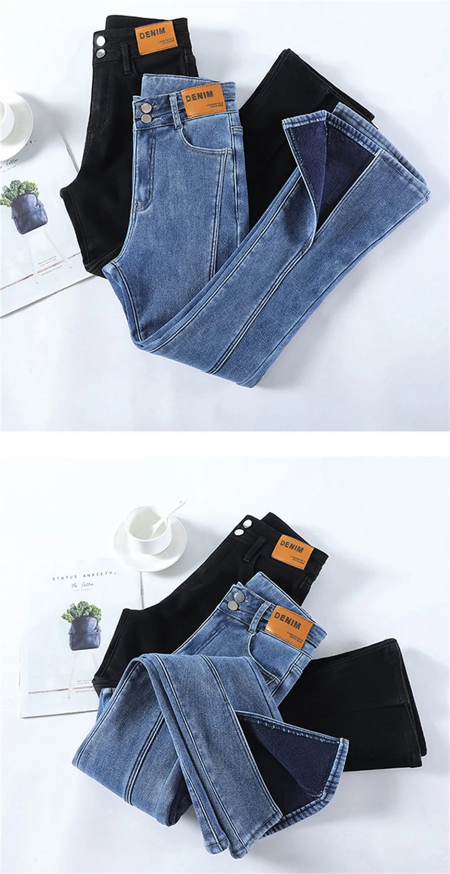 Thicken Button Skinny Denim Pants Winter