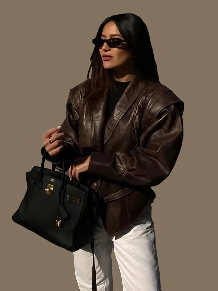 Faux Leather Jacket Women Fashion Vintage V Neck