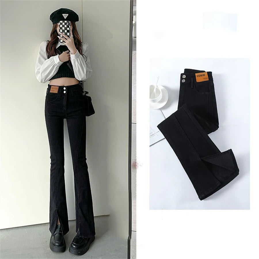 Thicken Button Skinny Denim Pants Winter