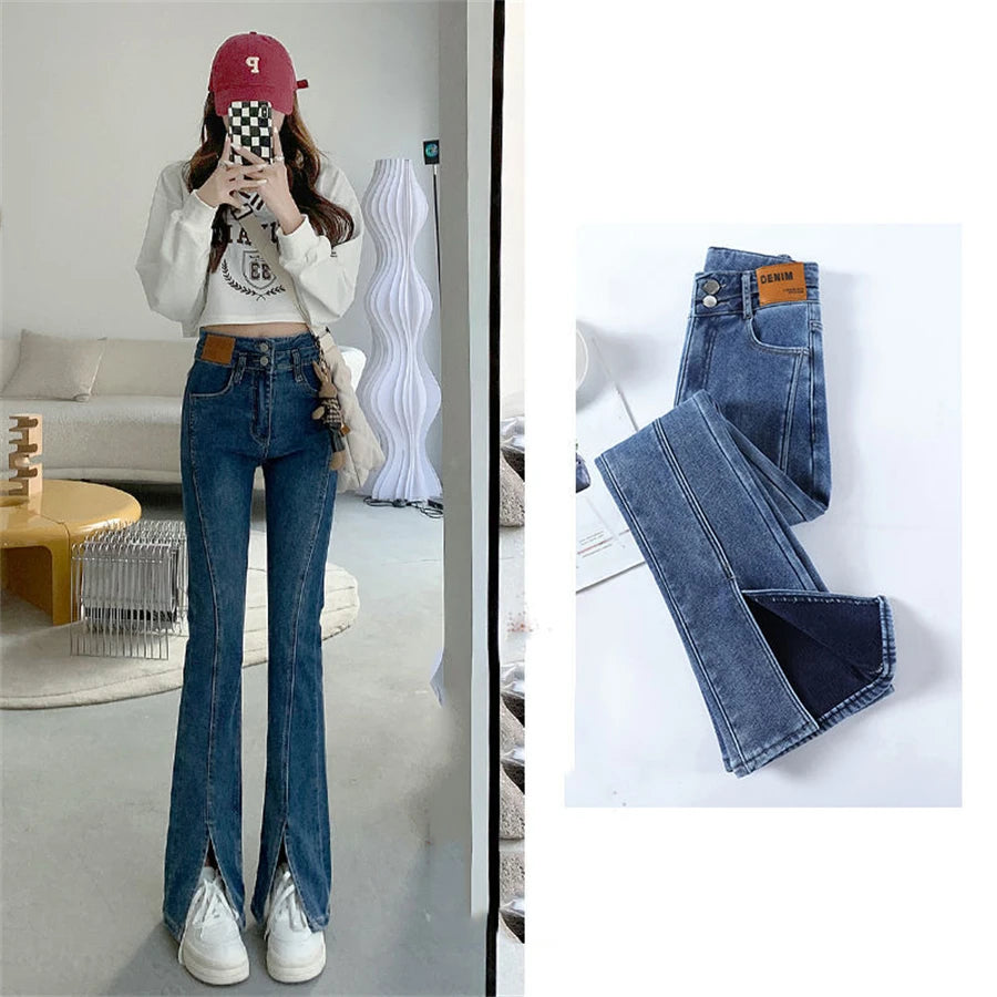 Thicken Button Skinny Denim Pants Winter